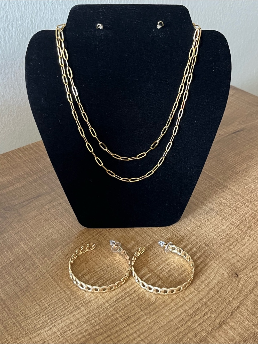 Set of two Gold tone Paperclip Necklaces and  matching earrings